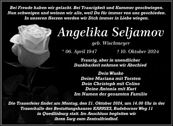 Traueranzeige von Angelika Seljamov von Trauerkombi Quedlinburg