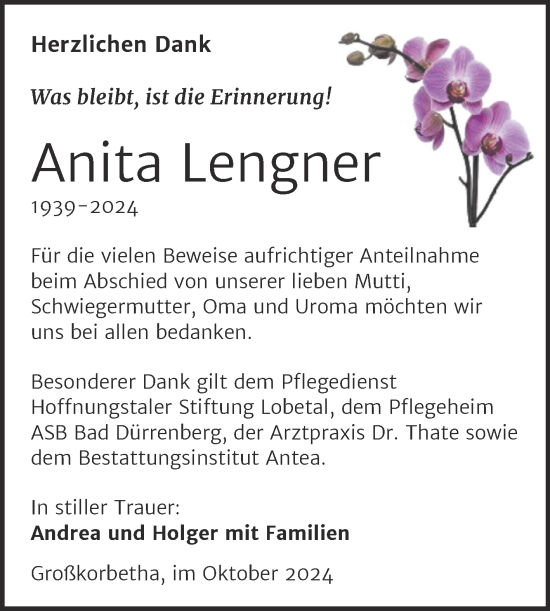 Traueranzeige von Anita Lengner von Trauerkombi Weißenfels