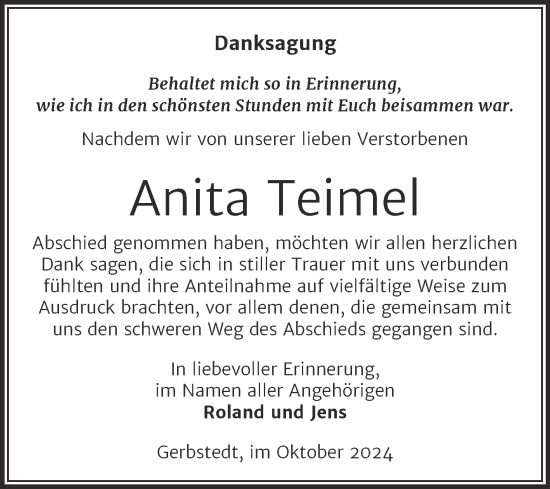 Traueranzeige von Anita Teimel von Trauerkombi Mansfelder Land