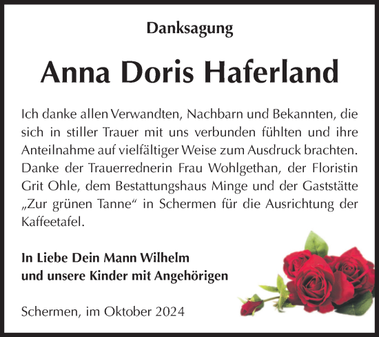 Traueranzeige von Anna Doris Haferland von Volksstimme Burg/Genthin