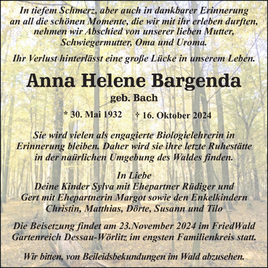 Traueranzeige von Anna Helene Bargenda von Trauerkombi Dessau