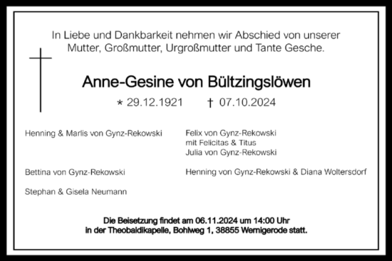 Traueranzeige von Anne-Gesine von Bültzingslöwen von Volksstimme Wernigerode
