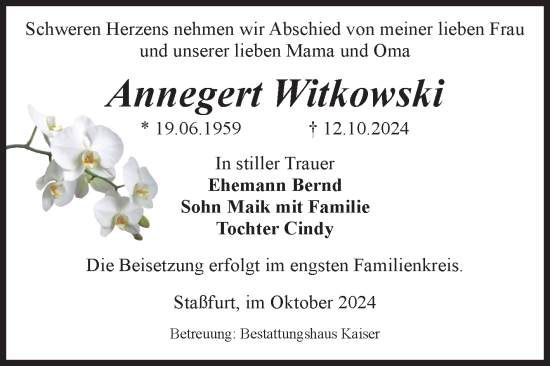 Traueranzeige von Annegert Witkowski von Volksstimme Staßfurt