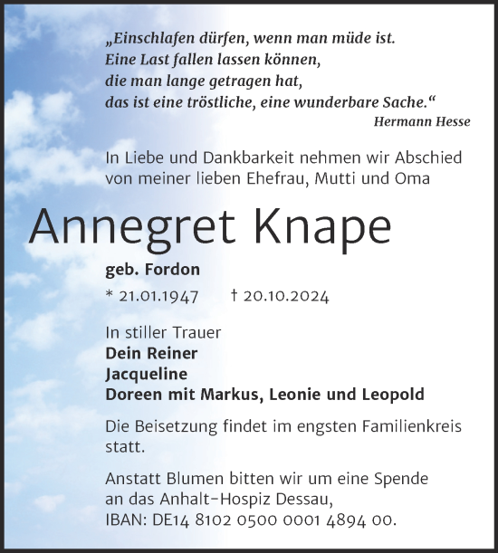 Traueranzeige von Annegret Knape von Trauerkombi Dessau