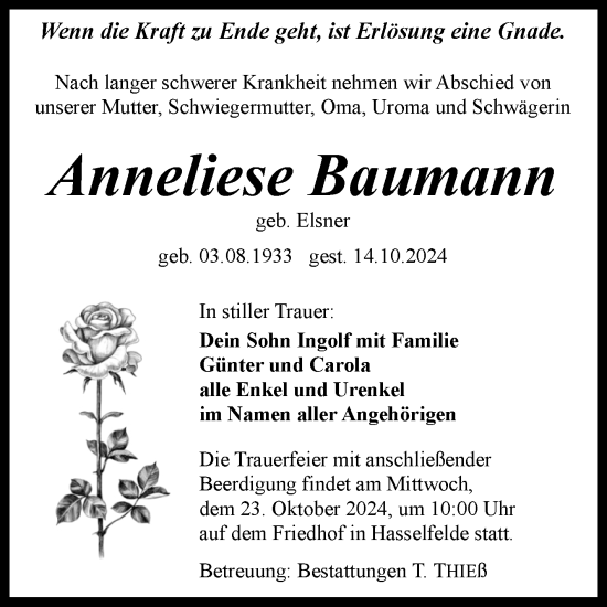 Traueranzeige von Anneliese Baumann von Volksstimme Wernigerode