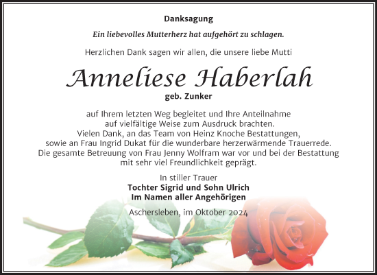Traueranzeige von Anneliese Haberlah von Trauerkombi Aschersleben