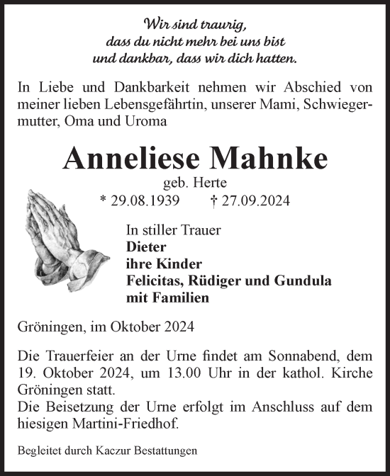 Traueranzeige von Anneliese Mahnke von Volksstimme Oschersleben/Wanzleben