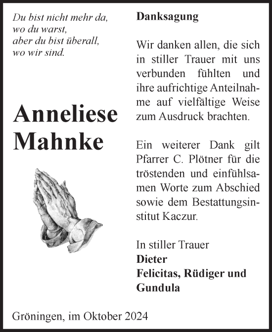 Traueranzeige von Anneliese Mahnke von Volksstimme Oschersleben/Wanzleben