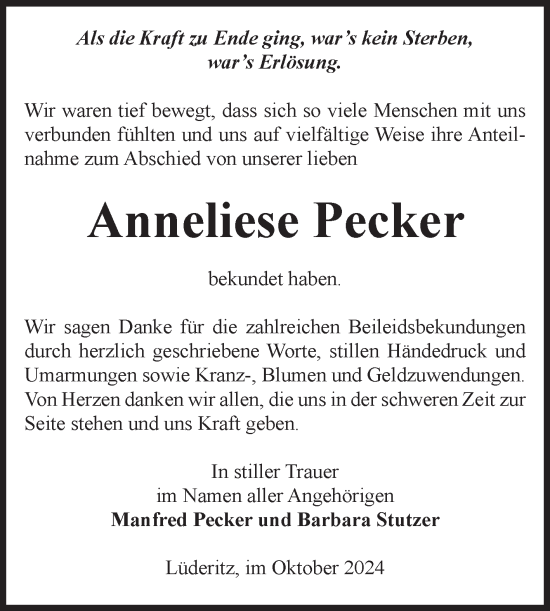 Traueranzeige von Anneliese Pecker von Volksstimme Altmark Ost