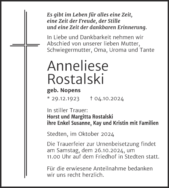Traueranzeige von Anneliese Rostalksi von Trauerkombi Mansfelder Land