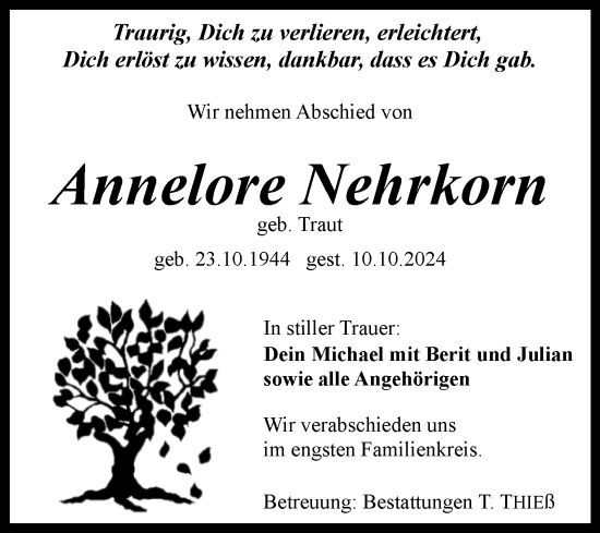 Traueranzeige von Annelore Nehrkorn von Volksstimme Wernigerode