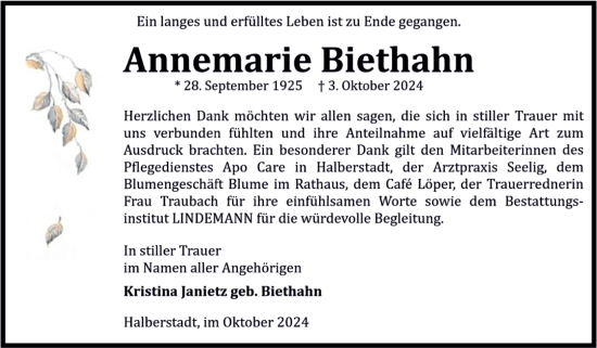 Traueranzeige von Annemarie Biethahn von Volksstimme Halberstadt