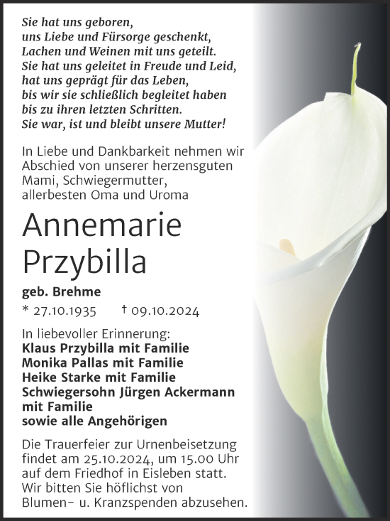 Traueranzeige von Annemarie Przybilla von Trauerkombi Mansfelder Land