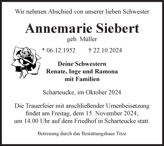 Traueranzeige von Annemarie Siebert von Volksstimme Burg/Genthin