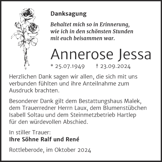 Traueranzeige von Annerose Jessa von Trauerkombi Sangerhausen