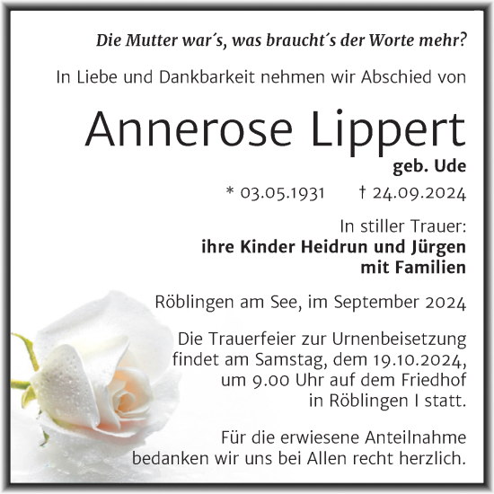 Traueranzeige von Annerose Lippert von Trauerkombi Mansfelder Land