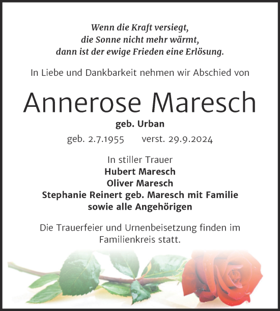 Traueranzeige von Annerose Maresch von Trauerkombi Köthen