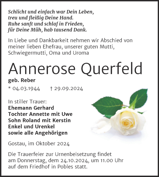 Traueranzeige von Annerose Querfeld von Trauerkombi Weißenfels
