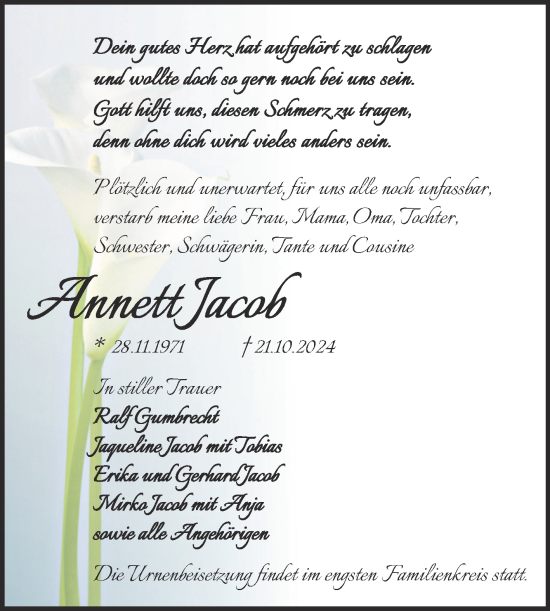Traueranzeige von Annett Jacob von Trauerkombi Köthen