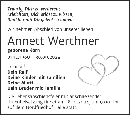Traueranzeige von Annett Werthner von Mitteldeutsche Zeitung Halle/Saalkreis