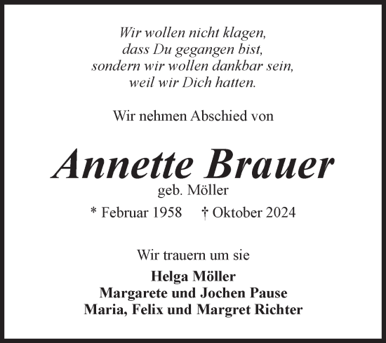 Traueranzeige von Annette Brauer von Volksstimme Altmark Ost