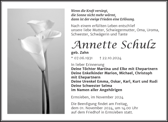 Traueranzeige von Annette Schulz von Trauerkombi Quedlinburg