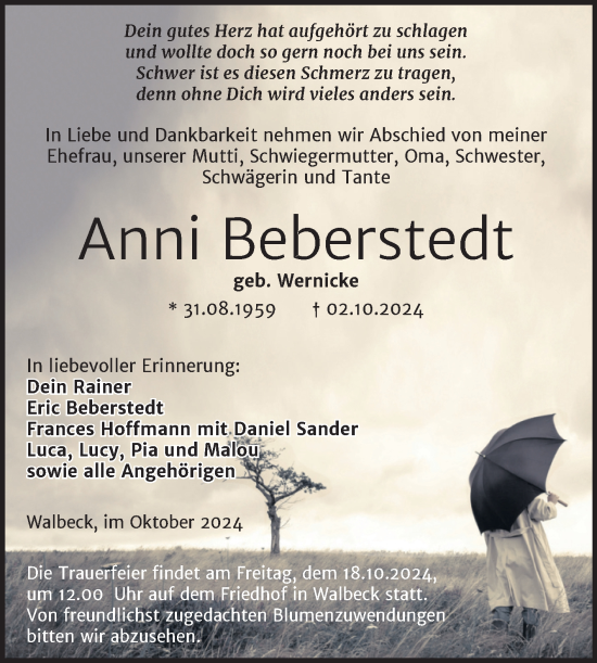 Traueranzeige von Anni Beberstedt von Trauerkombi Mansfelder Land