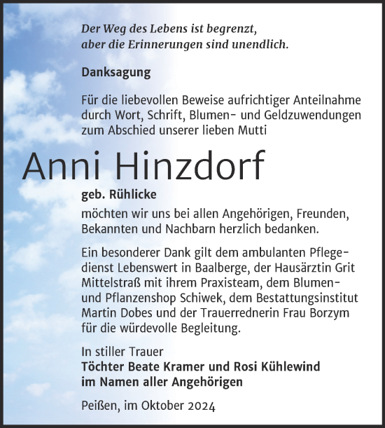 Traueranzeige von Anni Hinzdorf von Trauerkombi Bernburg