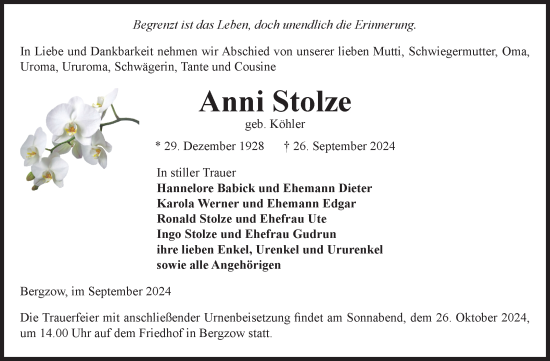 Traueranzeige von Anni Stolze von Volksstimme Burg/Genthin
