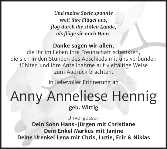 Traueranzeige von Anny Anneliese Hennig von Trauerkombi Bitterfeld