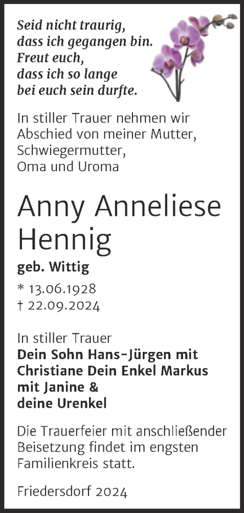 Traueranzeige von Anny Anneliese Hennig von Trauerkombi Bitterfeld