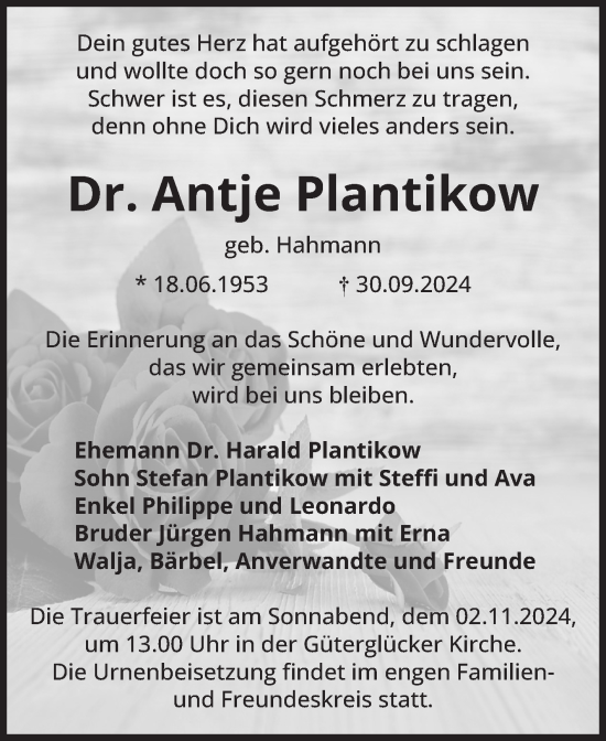 Traueranzeige von Antje Plantikow von Volksstimme Zerbst