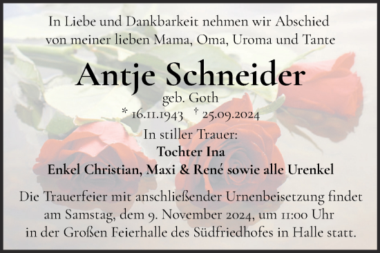 Traueranzeige von Antje Schneider von Mitteldeutsche Zeitung Halle/Saalkreis