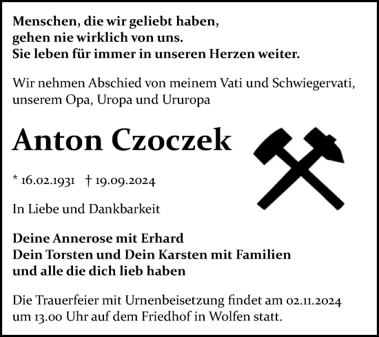Traueranzeige von Anton Czoczek von Trauerkombi Bitterfeld