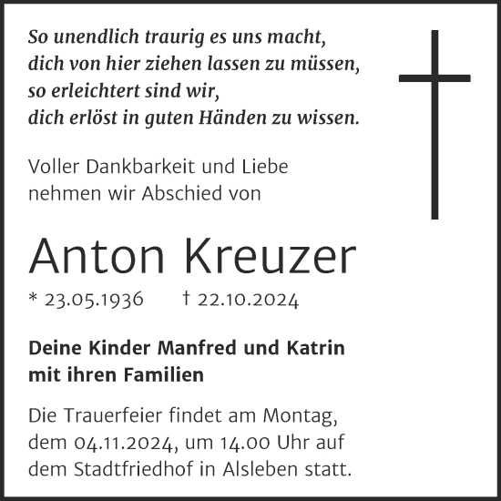 Traueranzeige von Anton Kreuzer von Trauerkombi Bernburg
