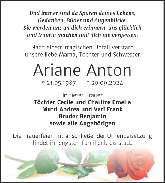 Traueranzeige von Ariane Anton von Trauerkombi Aschersleben