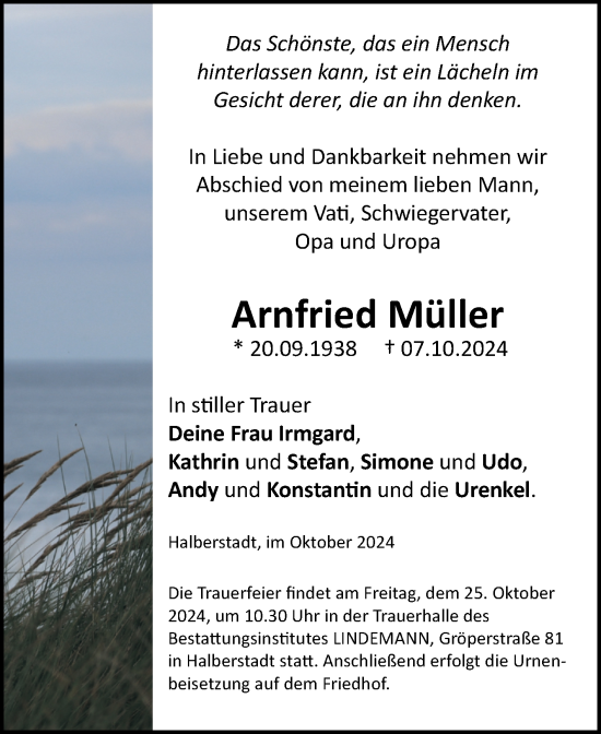 Traueranzeige von Arnfried Müller von Volksstimme Halberstadt