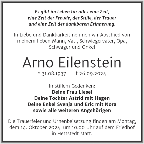 Traueranzeige von Arno Eilenstein von Trauerkombi Mansfelder Land