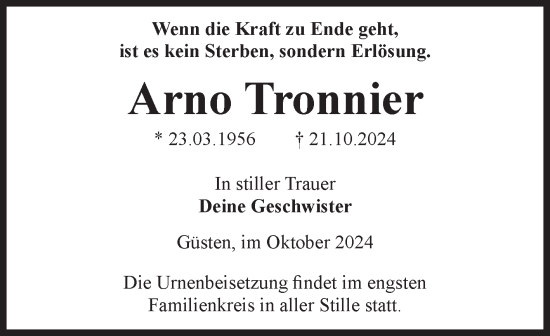 Traueranzeige von Arno Tronnier von Volksstimme Staßfurt
