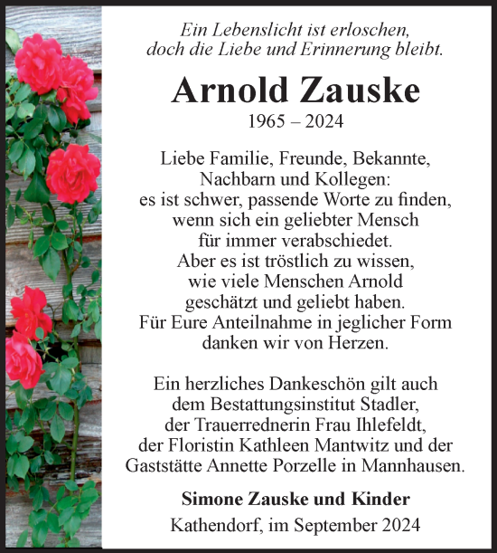 Traueranzeige von Arnold Zauske von Volksstimme Haldensleben/Wolmirstedt