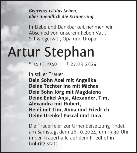 Traueranzeige von Artur Stephan von Trauerkombi Merseburg