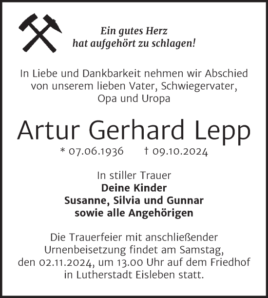 Traueranzeige von Artur Gerhard Lepp von Trauerkombi Mansfelder Land