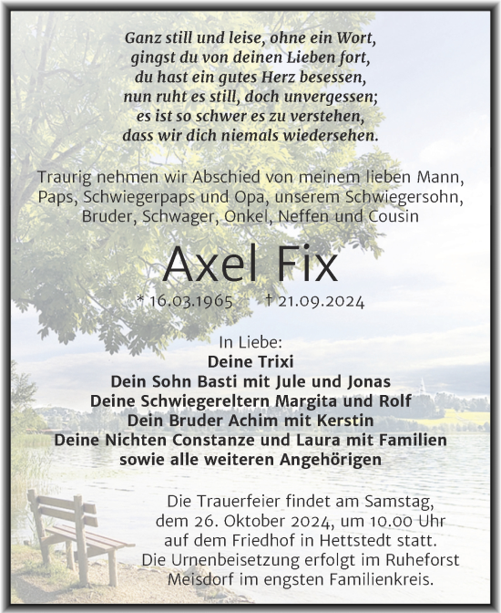 Traueranzeige von Axel Fix von Trauerkombi Mansfelder Land