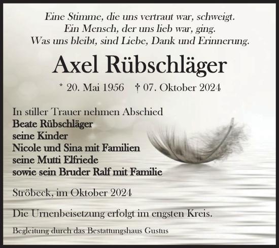 Traueranzeige von Axel Rübschläger von Volksstimme Halberstadt