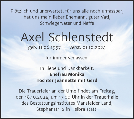 Traueranzeige von Axel Schlenstedt von Trauerkombi Mansfelder Land