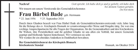 Traueranzeige von Bärbel Bade von Volksstimme Altmark Ost