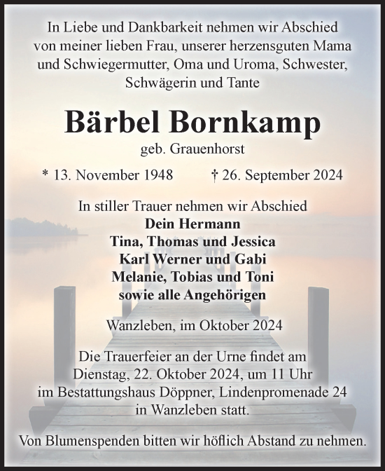Traueranzeige von Bärbel Bornkamp von Volksstimme Oschersleben/Wanzleben