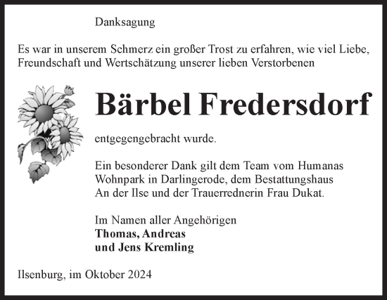 Traueranzeige von Bärbel Fredersdorf von Volksstimme Wernigerode