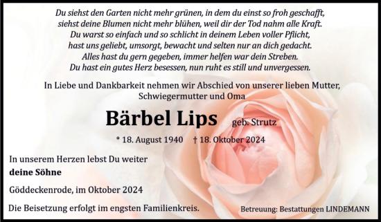 Traueranzeige von Bärbel Lips von Volksstimme Halberstadt