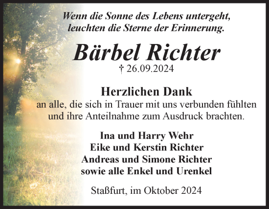 Traueranzeige von Bärbel Richter von Volksstimme Staßfurt